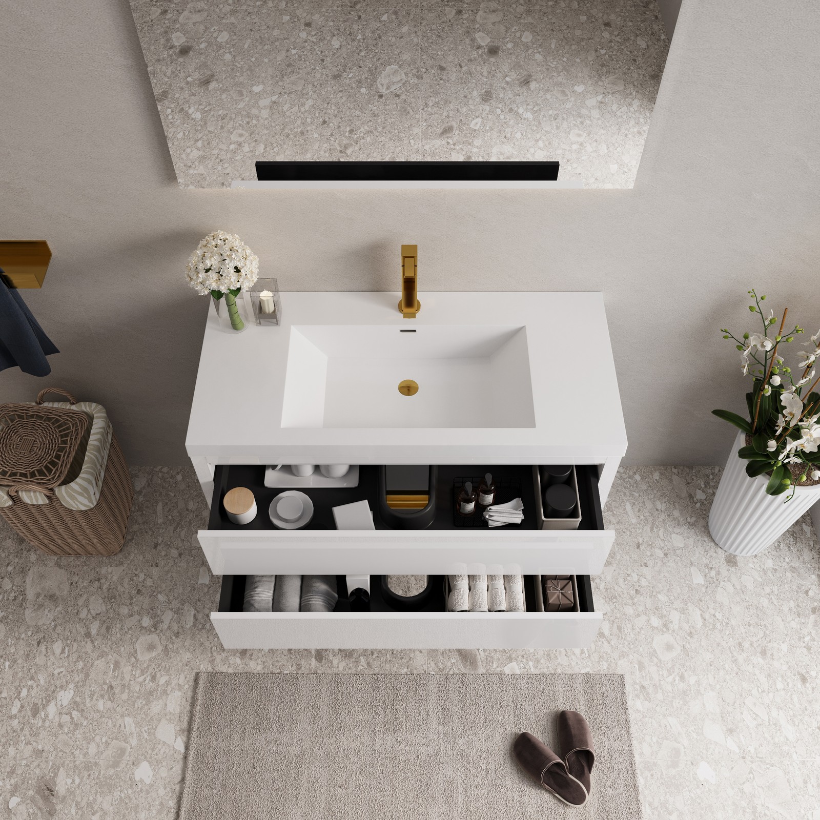 42in Floating Wall-Mounted Bathroom Vanity W/ Stone Resin Countertop Basin White