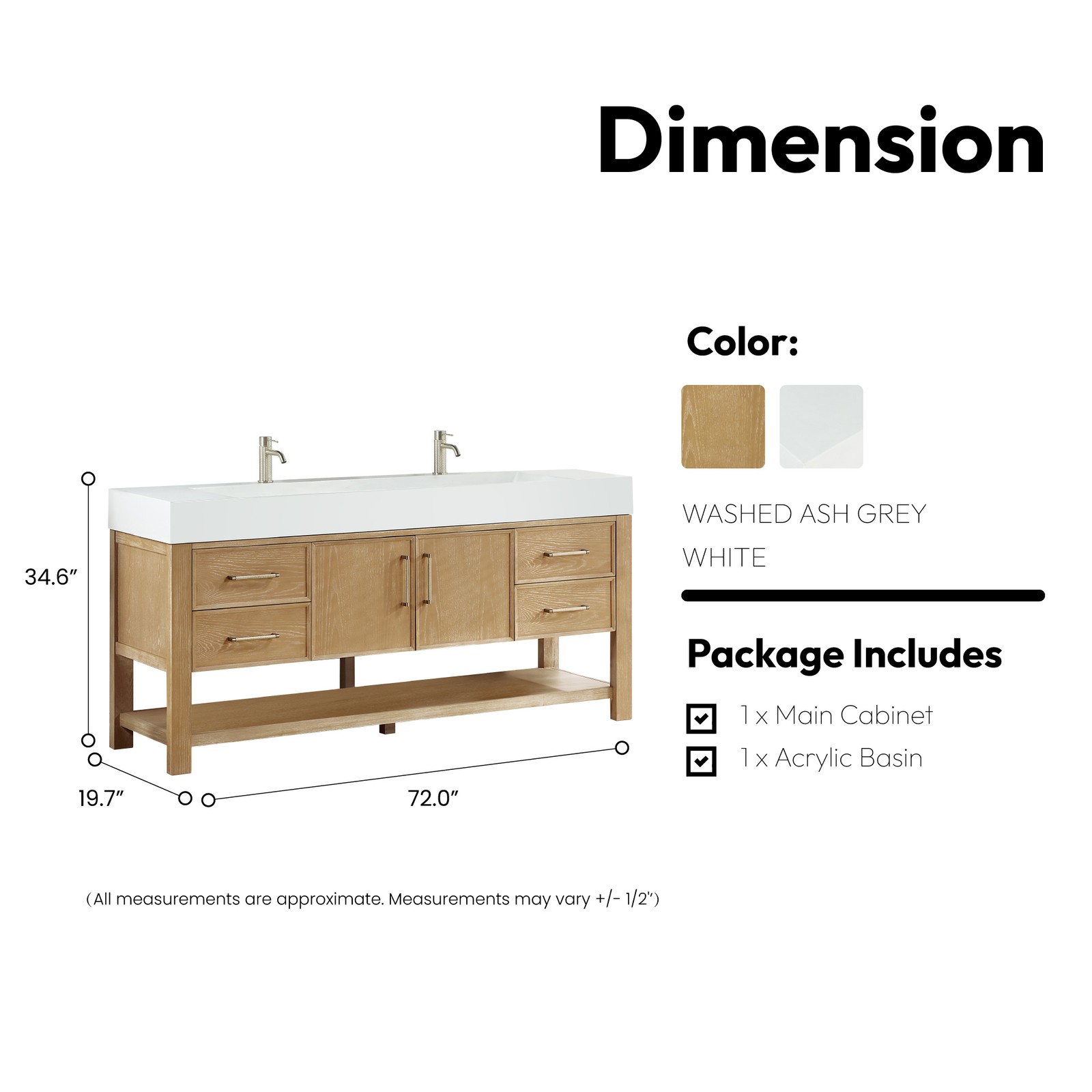 Vera 72″ Single Bath Vanity in Washed Ash Grey with White Integrated Stone Sink