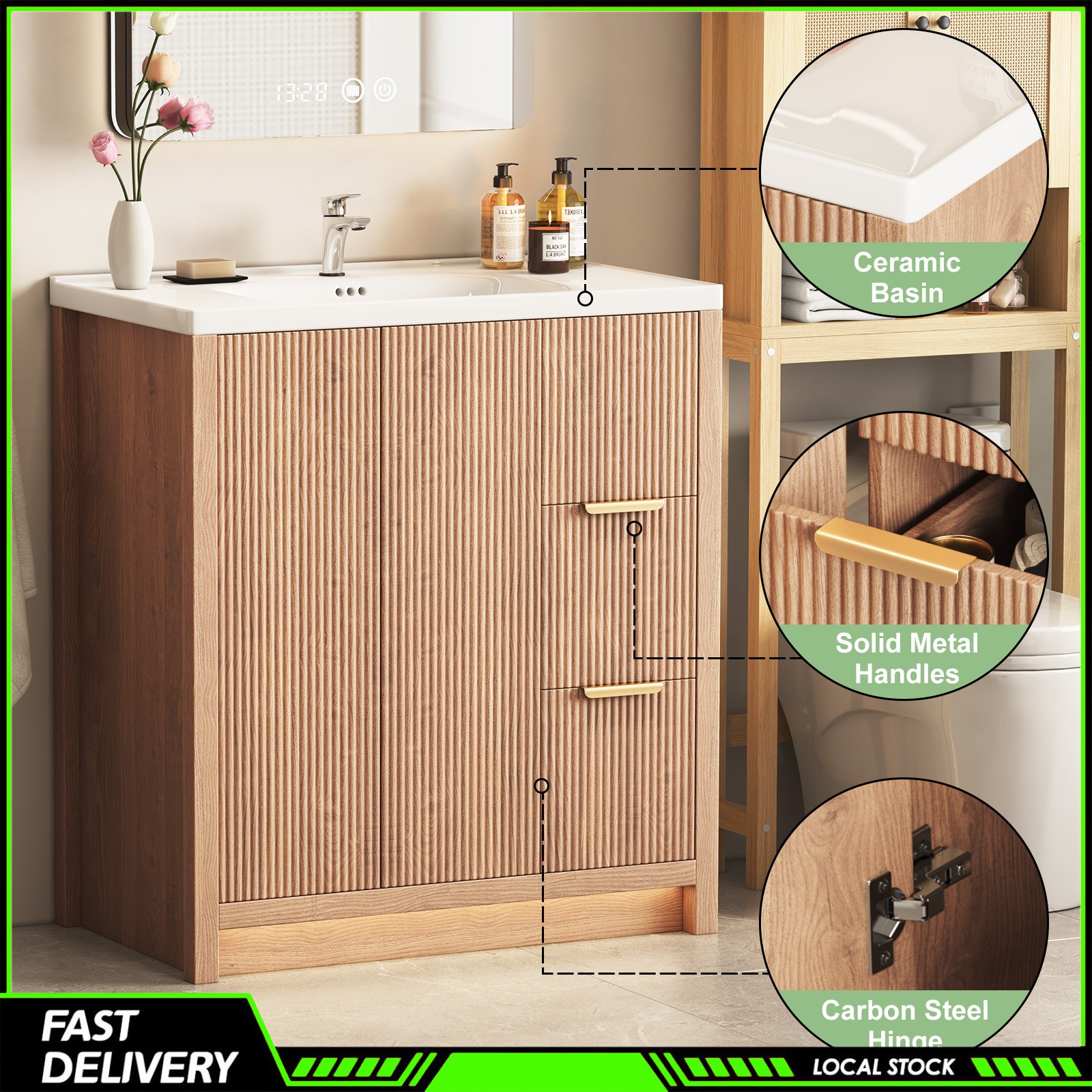 31″ Storage Cabinet Ceramic Sink Bathroom Vanity W/ Drawers Bathroom Cabinet Set