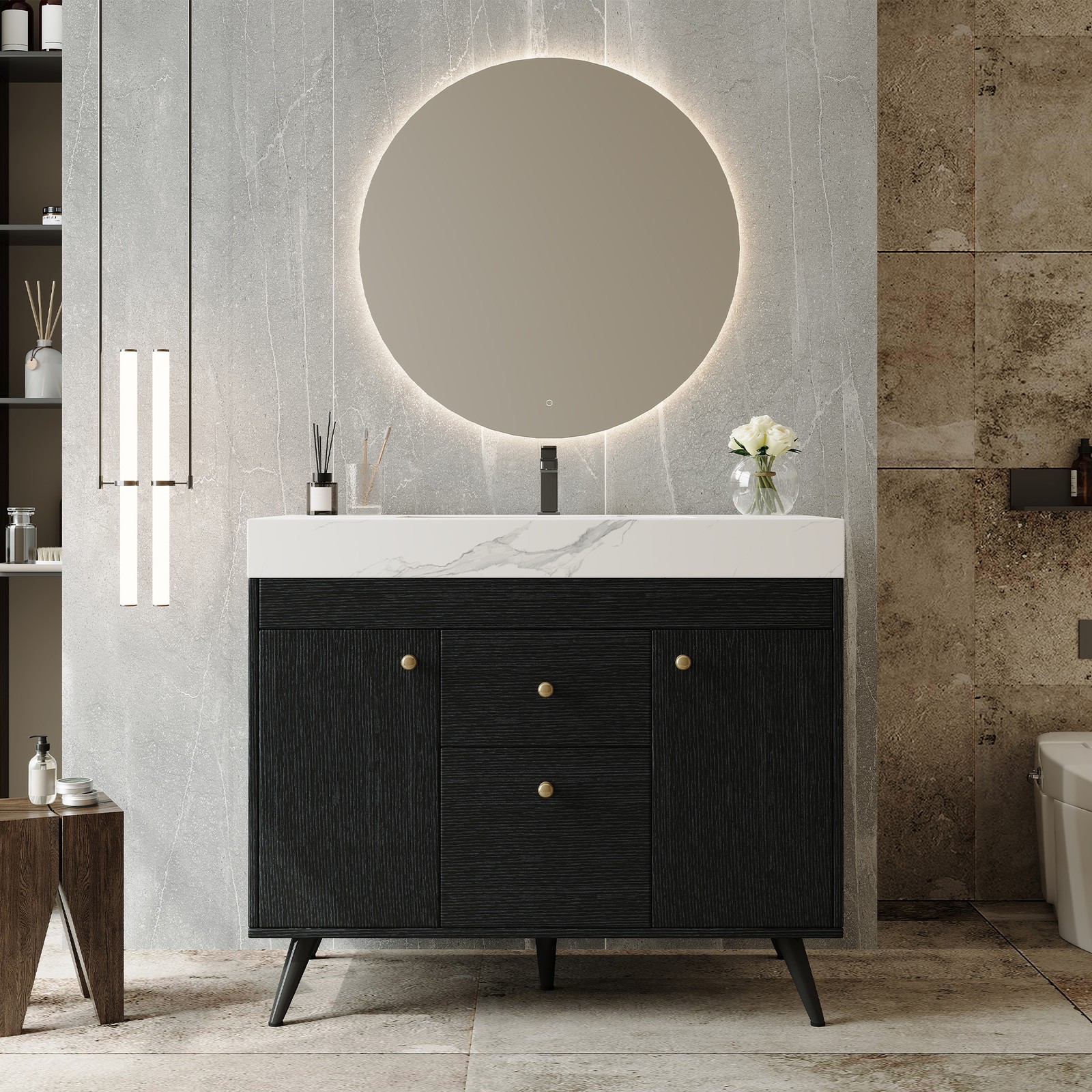 36″ Freestanding Bathroom Vanity with Sintered Stone Top & Ceramic Sink Black