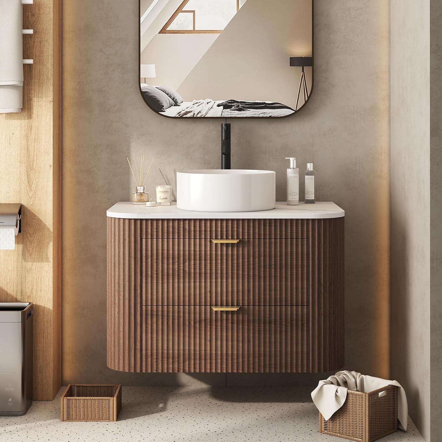 24 Inch Bathroom Vanity W/ Sink Floating Vanity W/ Ceramic Sink Combo Fluted