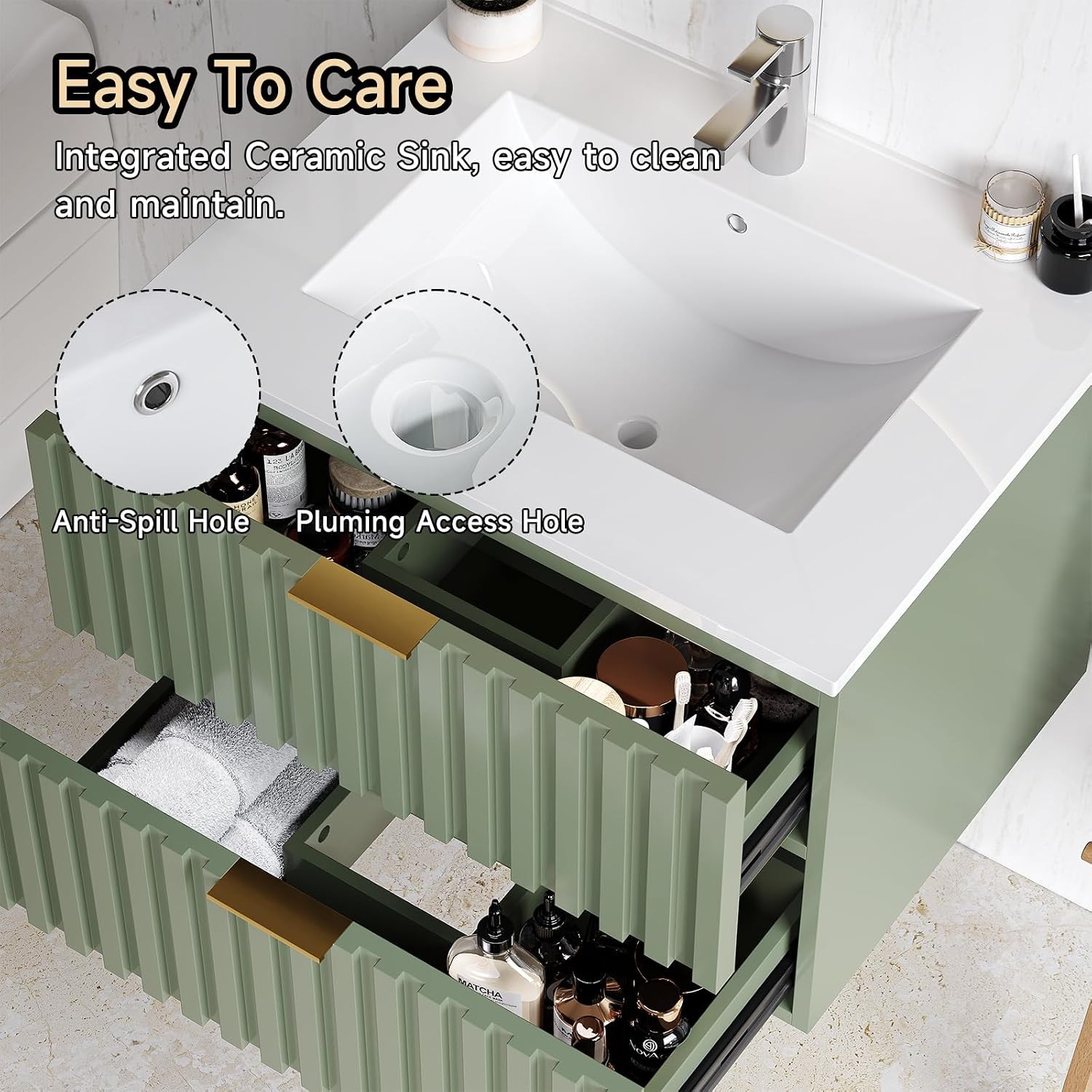 24 Inch Bathroom Vanity with Sink Combo Floating Bathroom Vanity with 2 Fluted