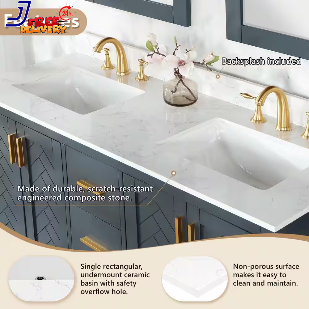 Ceres 61″ Engineered Stone Vanity Top in Grain White with Double White Sinks
