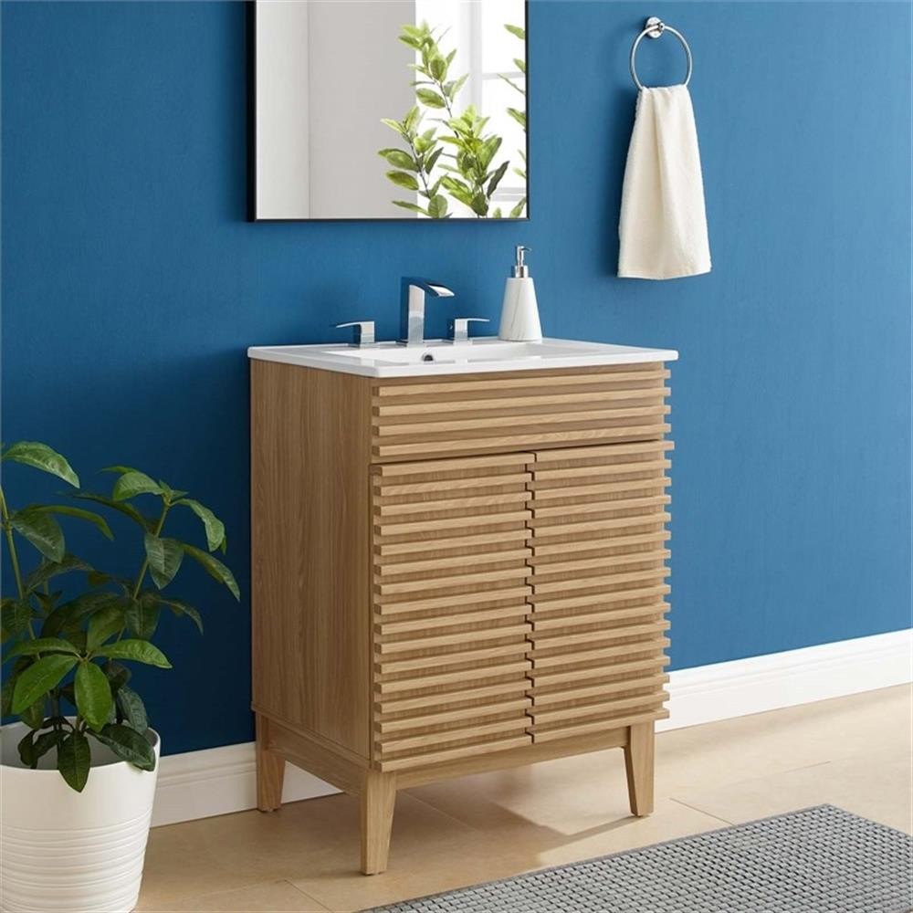 Pemberly Row Contemporary Wood Bathroom Vanity in Oak and White