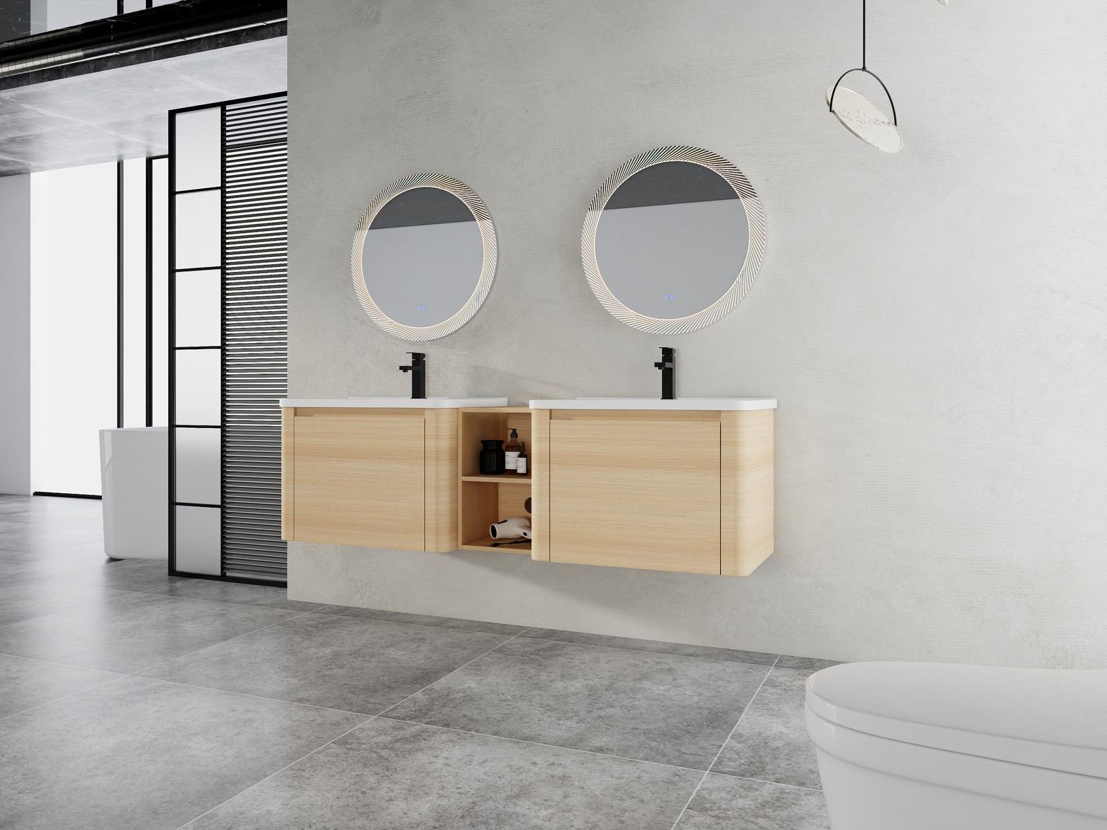 68in Plywood Wall-Mounted Bathroom Vanity W/ 2x White Ceramic Sink and Shelves