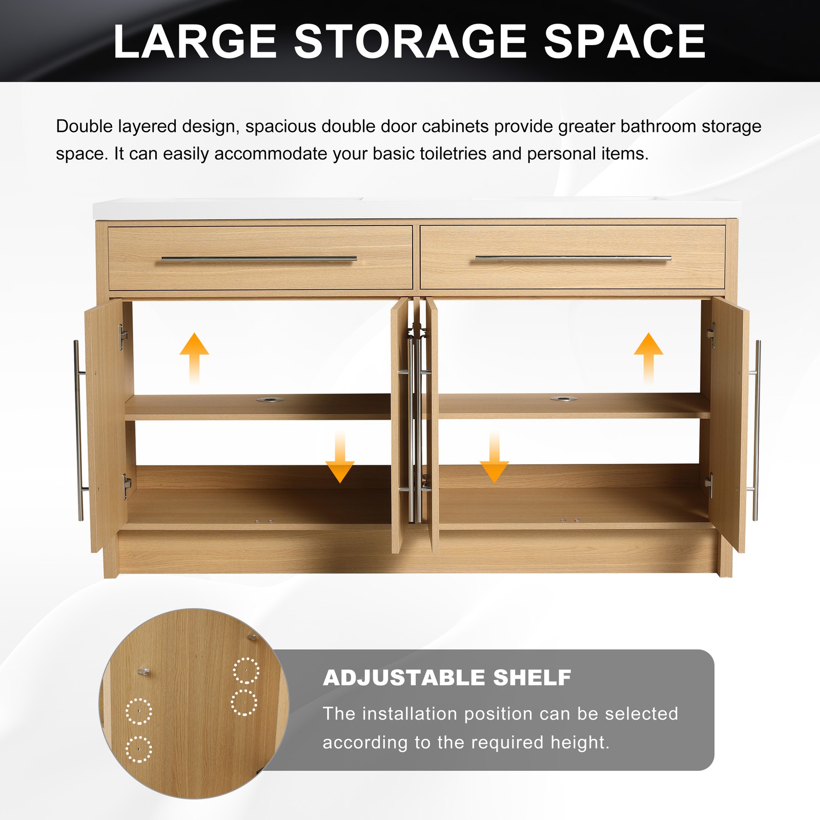60 inch Plywood Bathroom Vanity Freestanding Double Resin Sink Storage W/2 Doors