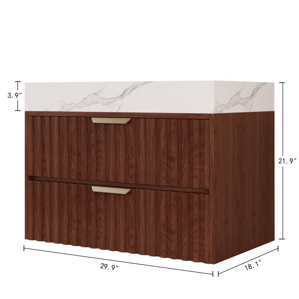 30″ Walnut Wall Mount Floating Bathroom Vanity Sintered Stone Top Ceramic Sink