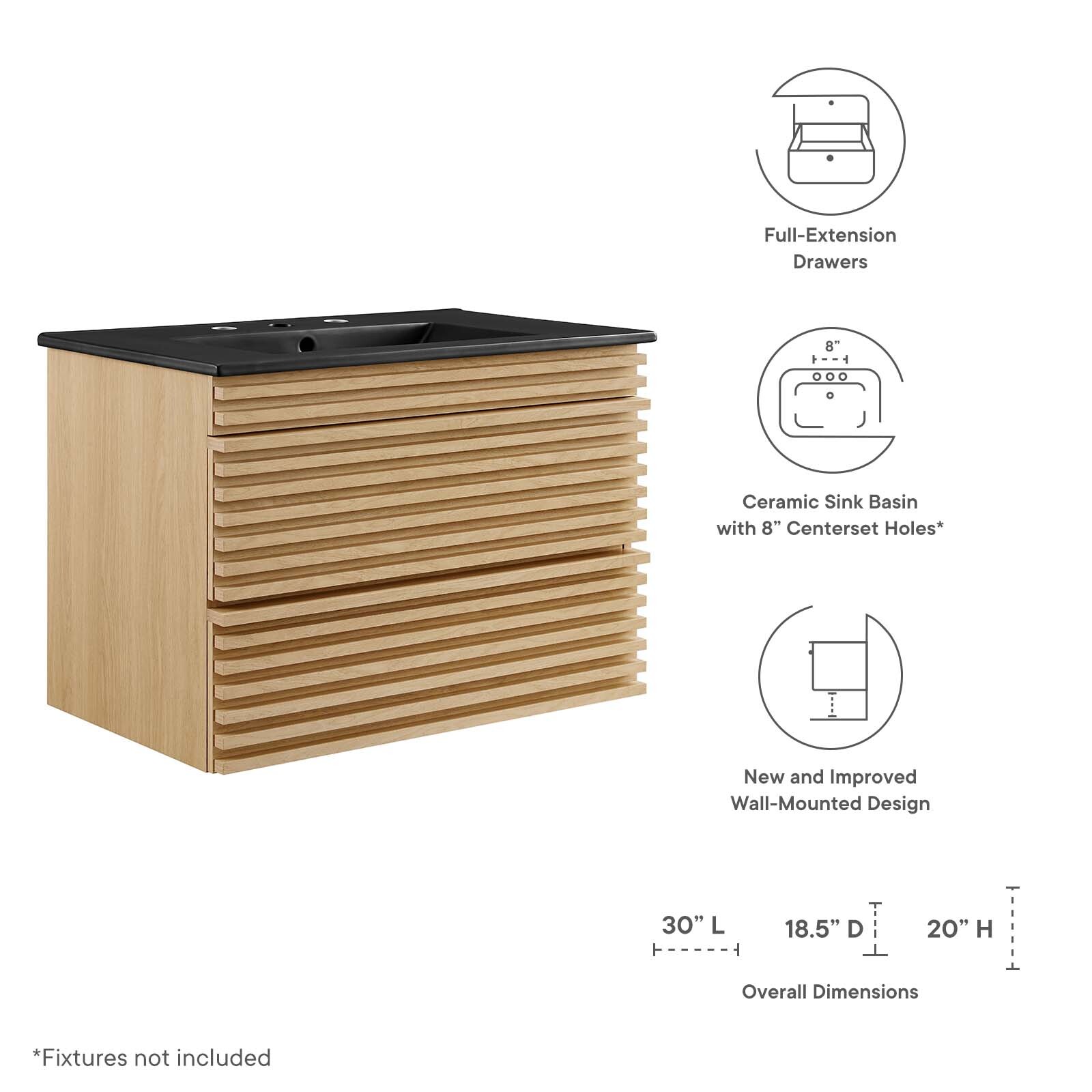 Modway Render 30″ Wall-Mount Bathroom Vanity in Oak Black