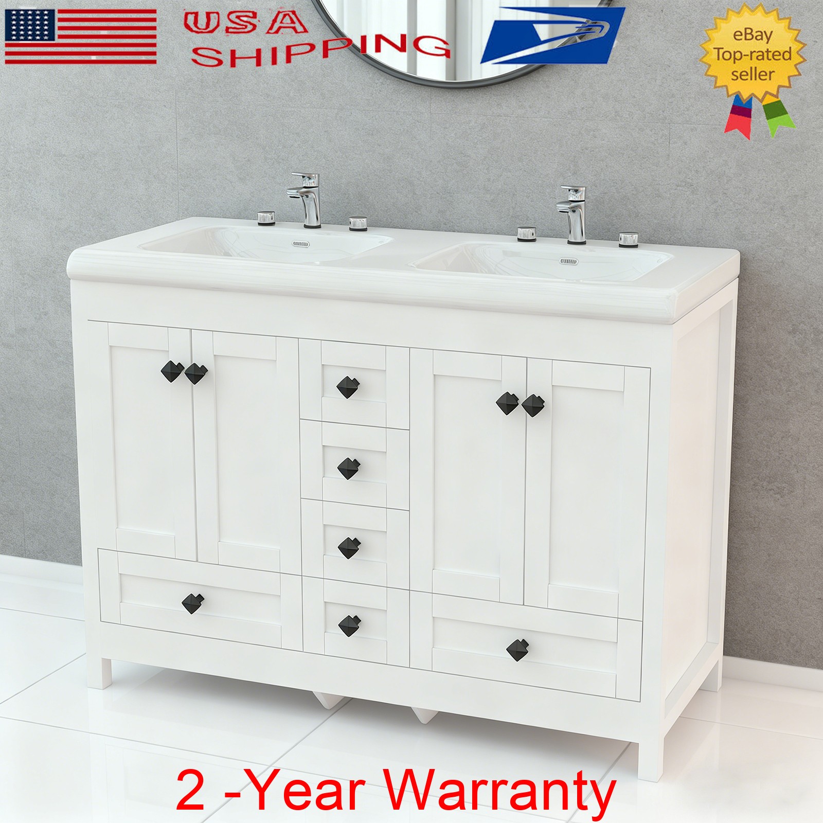 47″ Double Sink Large Bathroom Vanity Cabinet w/ 6 Storage Drawers Freestanding