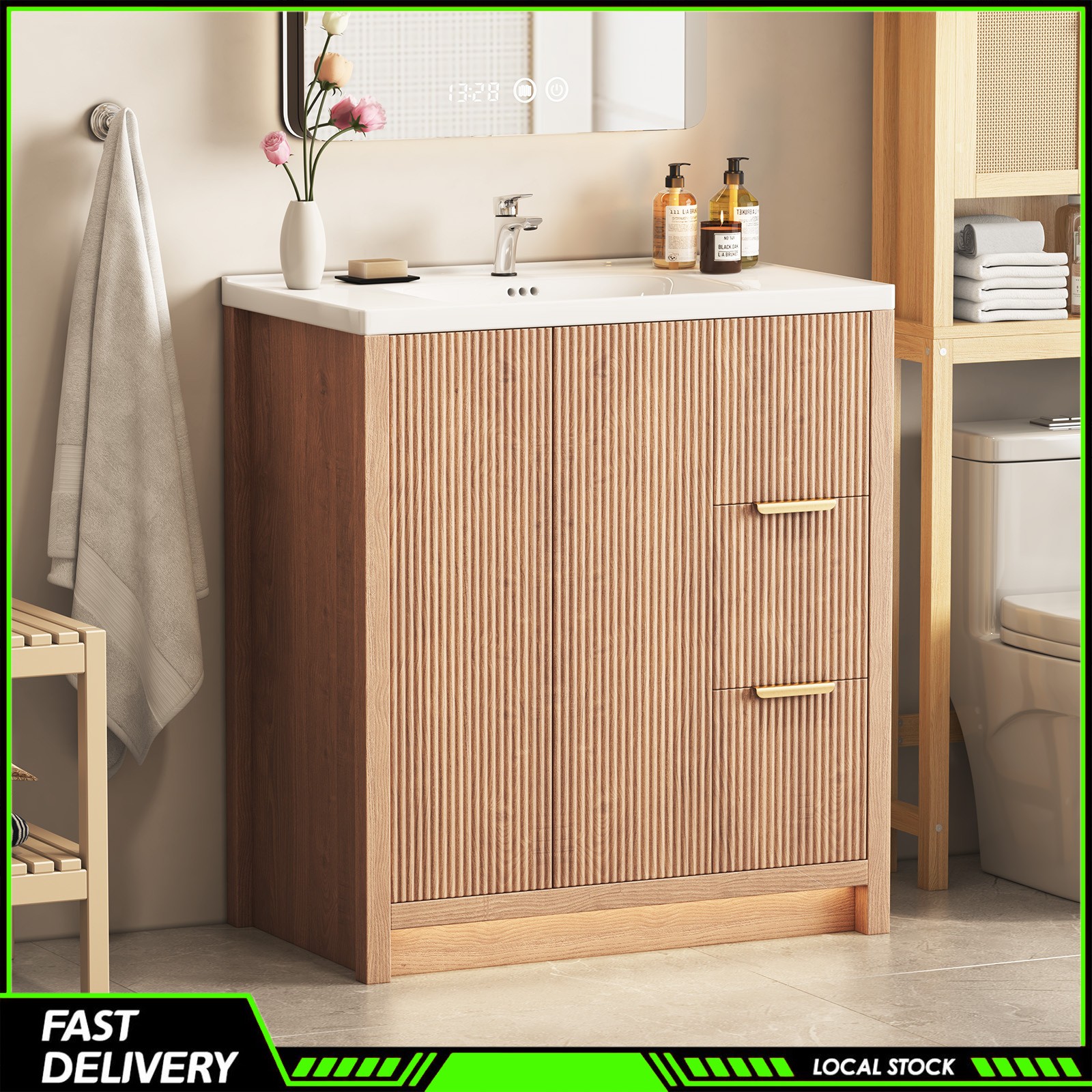 31″ Storage Cabinet Ceramic Sink Bathroom Vanity W/ Drawers Bathroom Cabinet Set