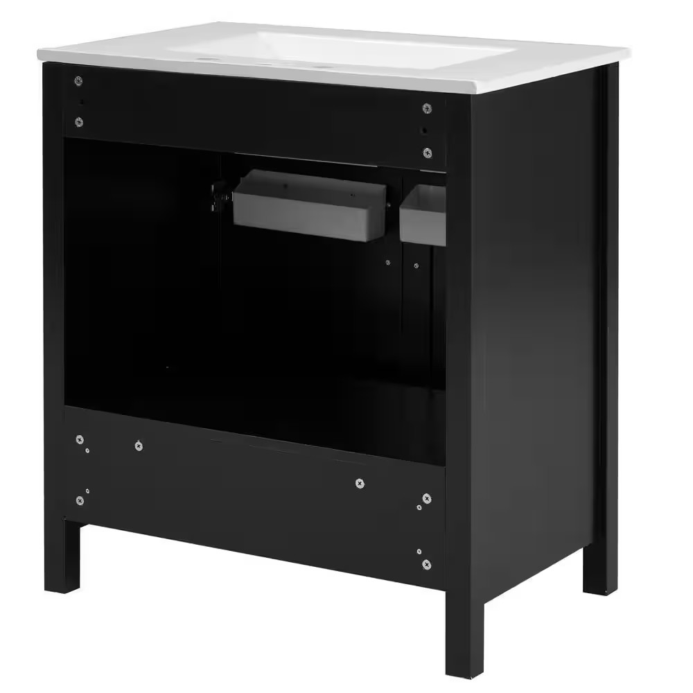 30 In. W Single Sink Freestanding Black Solid Wood Frame Bath Vanity with White