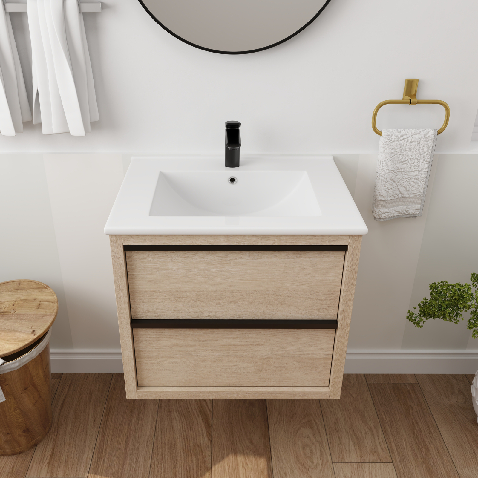 24″ Wood Wall-Mounted Bathroom Vanity Cabinet With White Ceramic Sink +2 Drawers