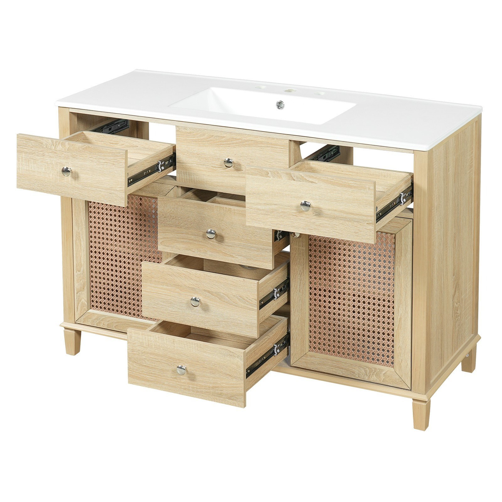 Natural Rattan Bathroom Vanity 48″/2 Cabinets/Sink & Solid Wood Frame Fre Ship
