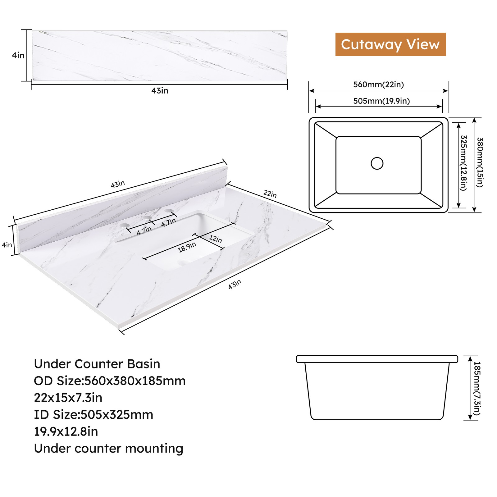 43″ Marble Vanity Top White with 3 Faucet Holes Undermount Sink 4″ Backsplash