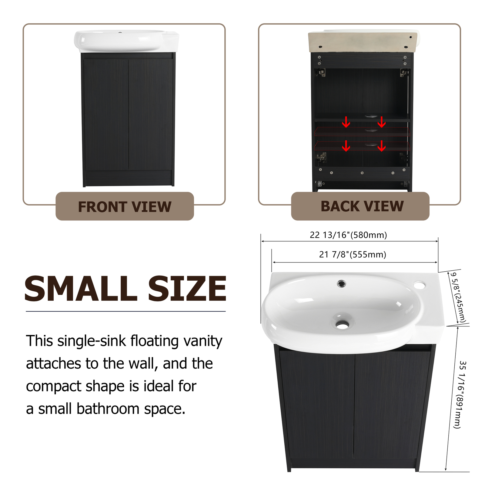 23″ plywood Freestanding Small Bathroom Vanity Cabinet +Ceramic Sink Basin Black