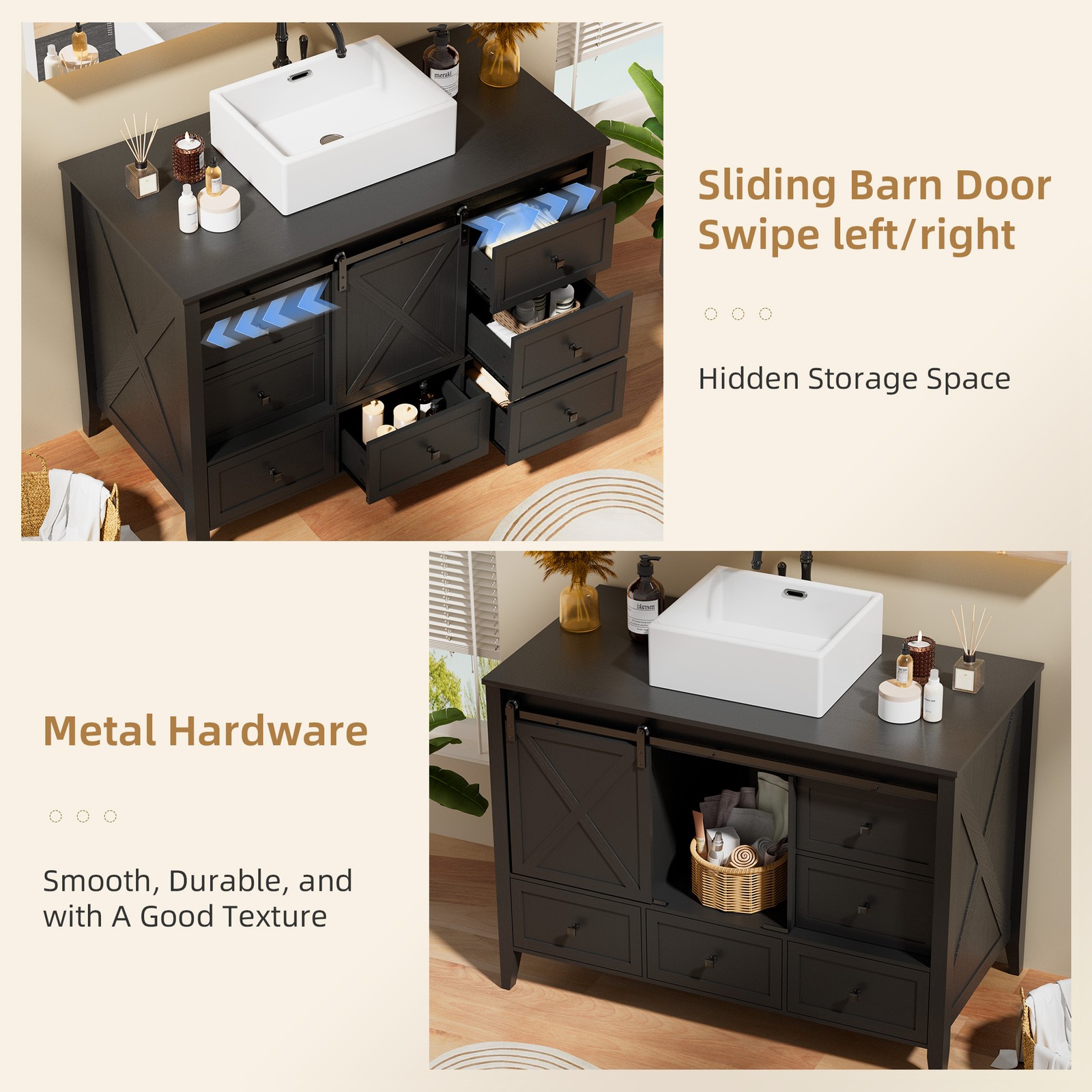 48” Bathroom Vanity w/ Single Sink Ceramic Freestanding Cabinet 7 Drawers & Door