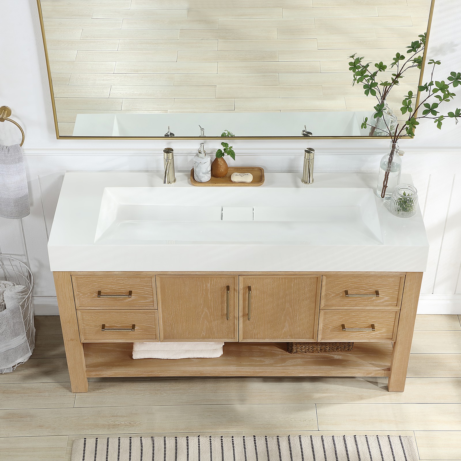 Vera 60″ Single Bath Vanity in Washed Ash Grey with White Integrated Stone Sink