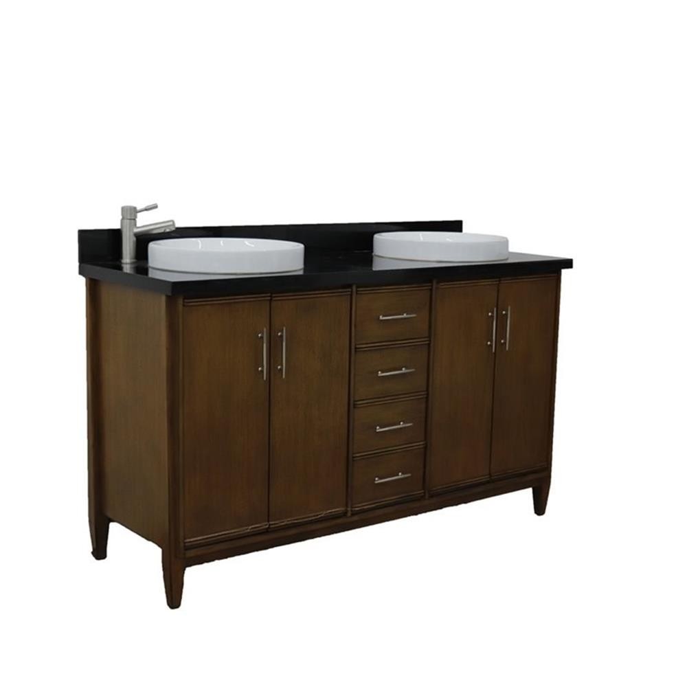 Pemberly Row 61″ Double Round Sink Vanity with Black Granite Stone in Walnut