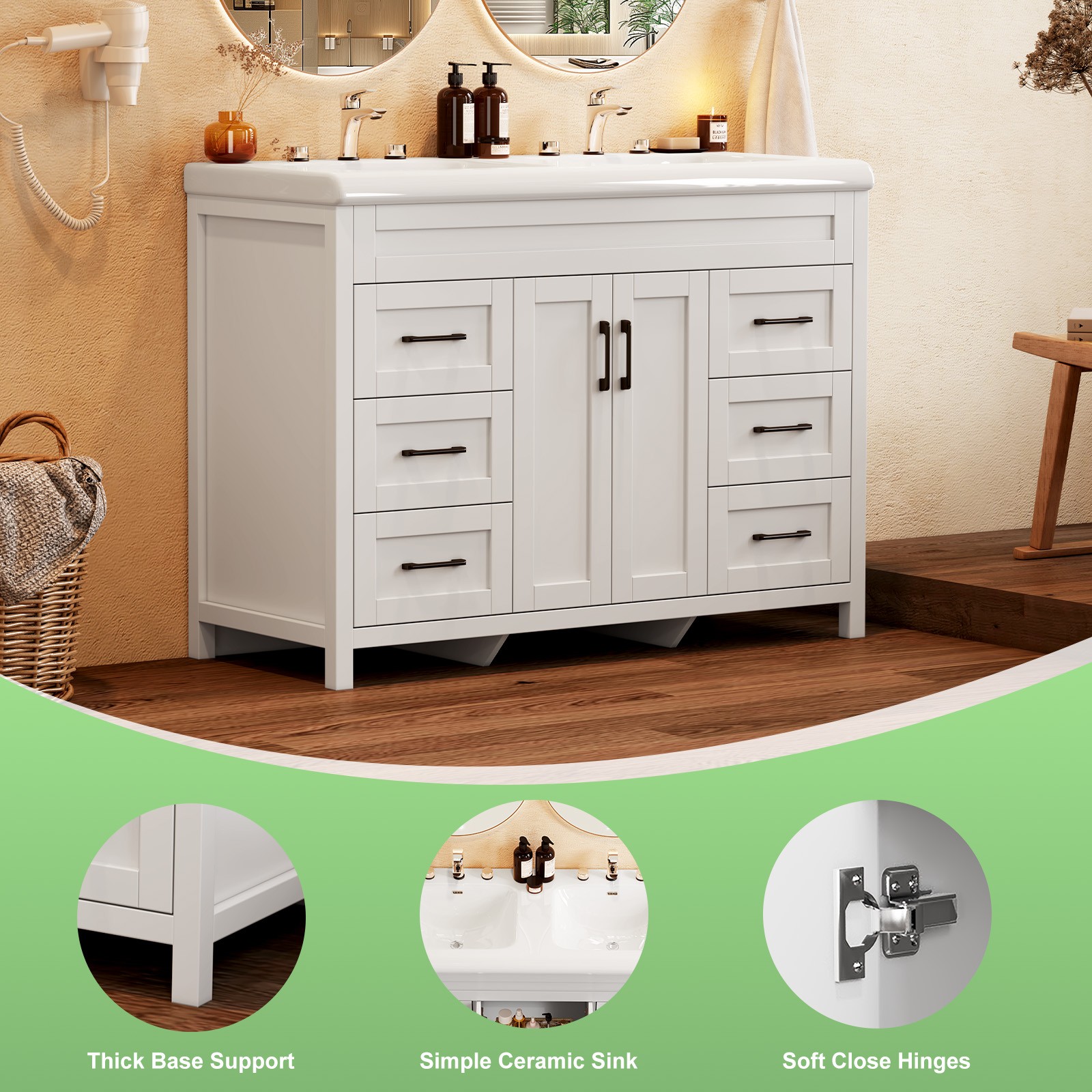 White Bathroom Vanity Double Sink Freestanding Cabinet with Storage Drawers
