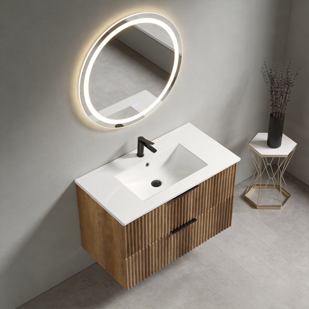 35.04 in Modern Golden Oak Floating Vanity with Ceramic Sink