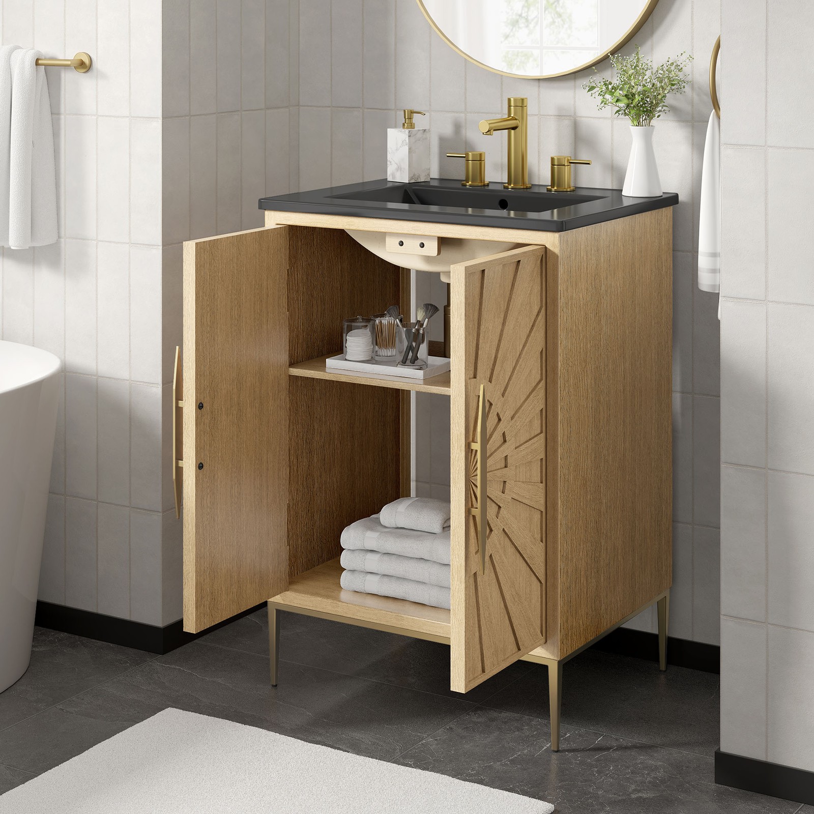 Modway Awaken 24″ Bathroom Vanity in Oak Black With Ceramic Sink Basin