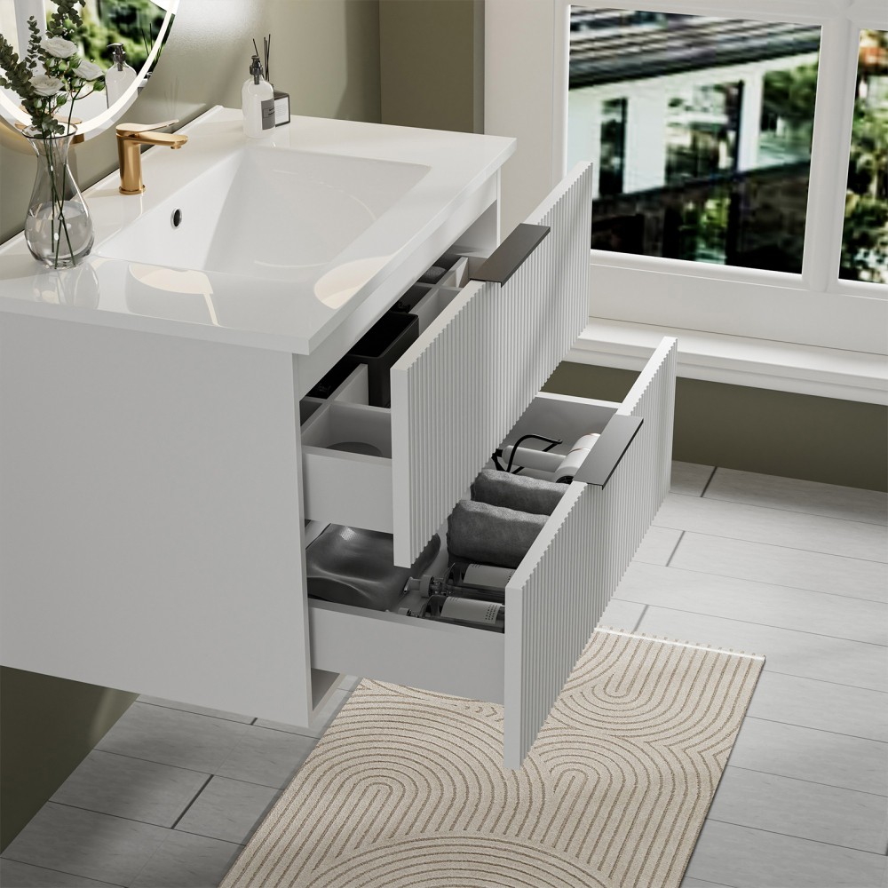 30″ Bathroom Vanity with Ceramic Sink, White Wall Mounted Fluted Cabinet