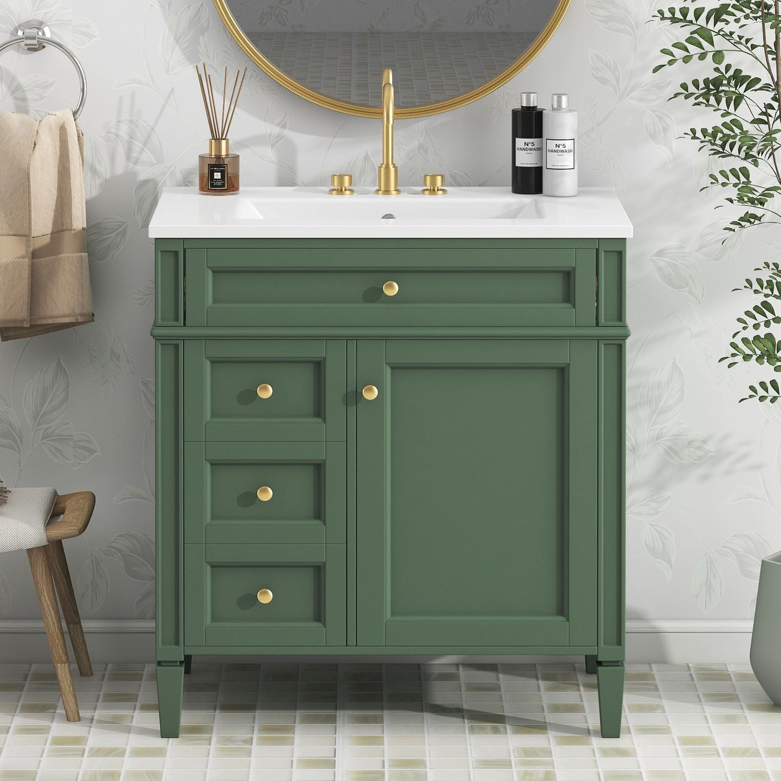 30” Bathroom Vanity with Top Ceramic Sink Modern Storage Cabinet with 2 Drawers