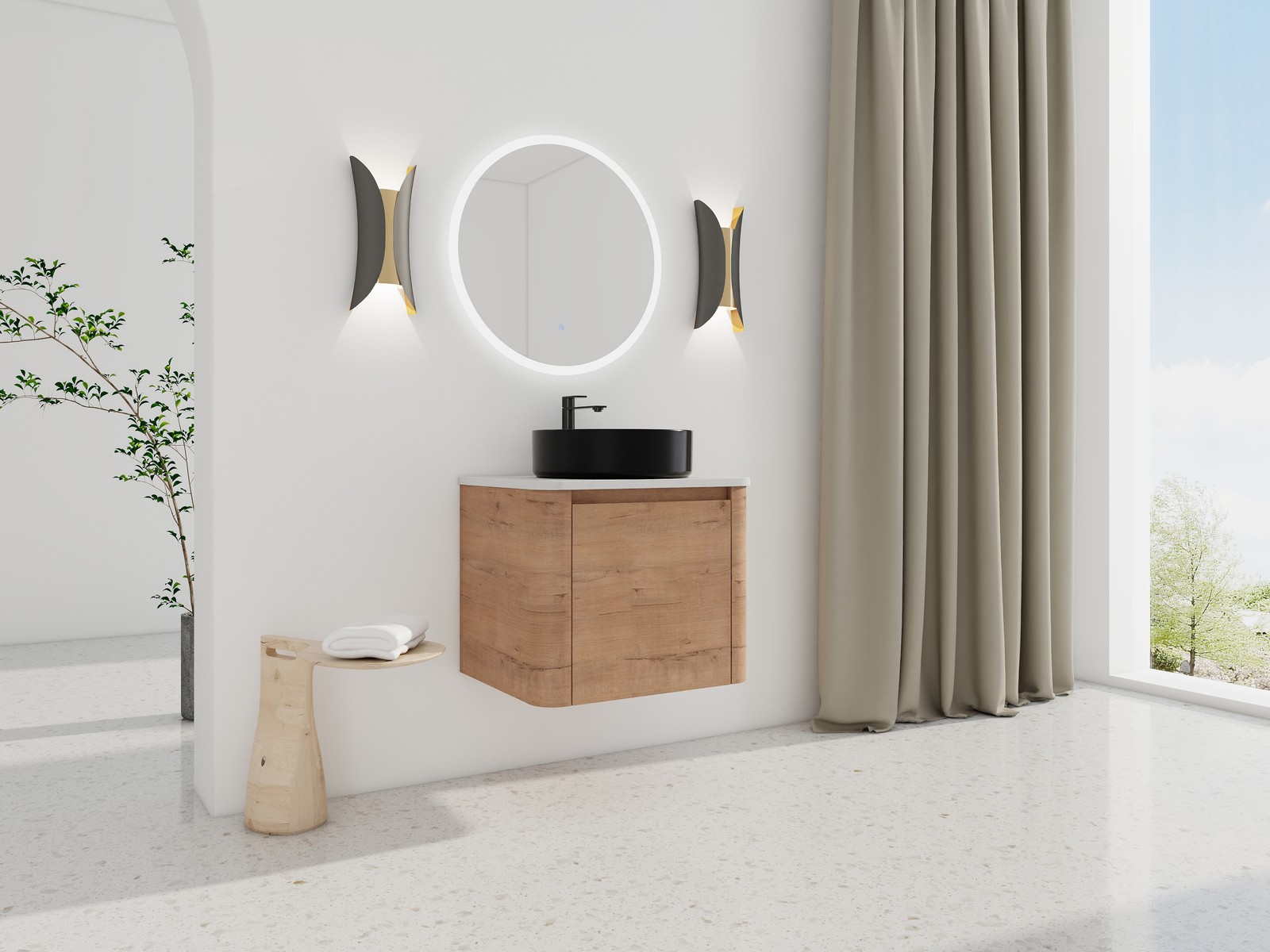24 In Bathroom Vanity With White Flat Stone Slab Top Black Ceramic Vessel Sink