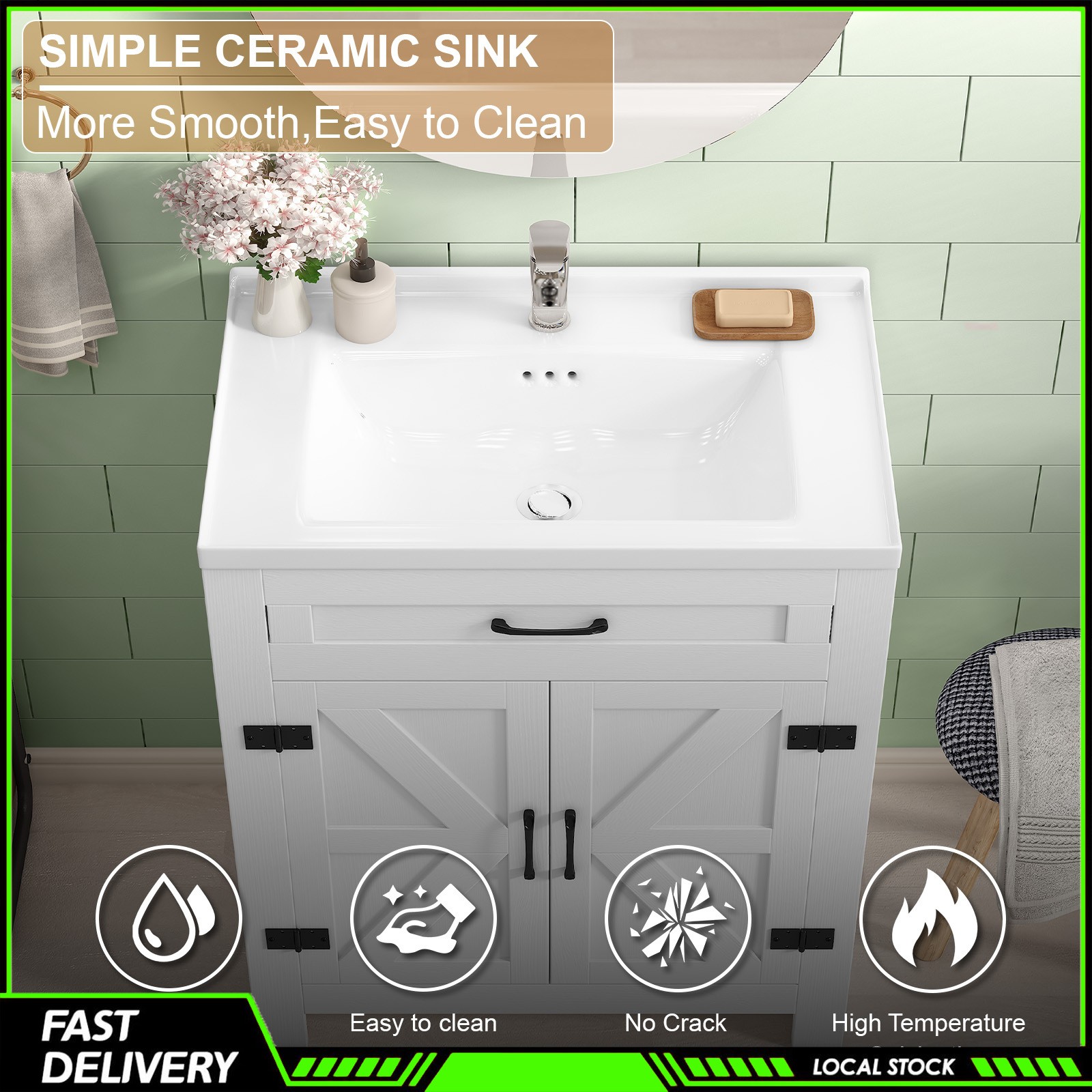31″ Bathroom Vanity Cabinet with Ceramic Sink Freestanding Storage with Drawer