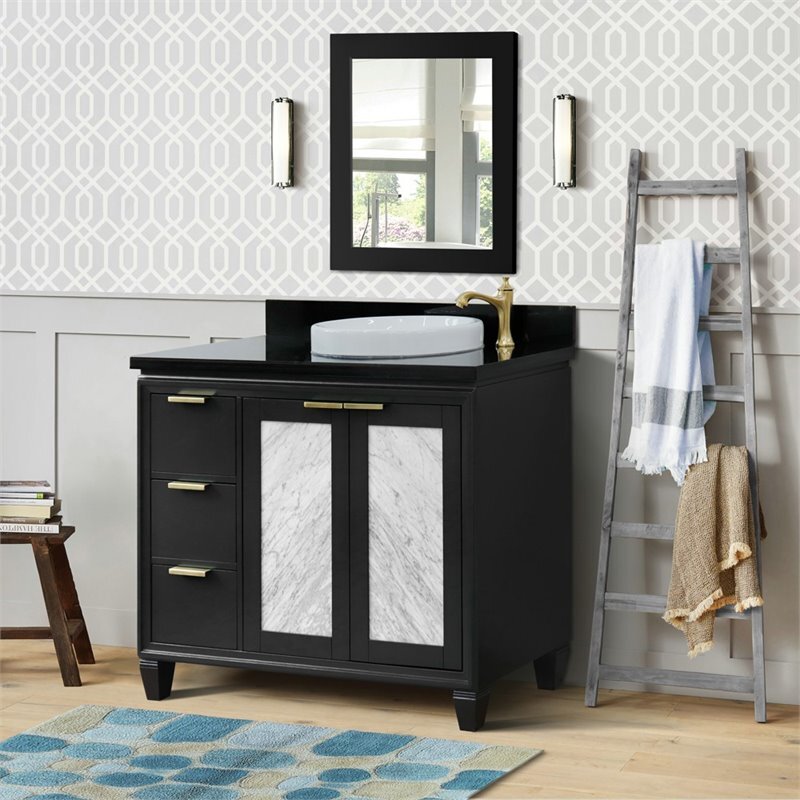 Trento Solid Wood Vanity with Right Round Sink in Gray/Black Galaxy