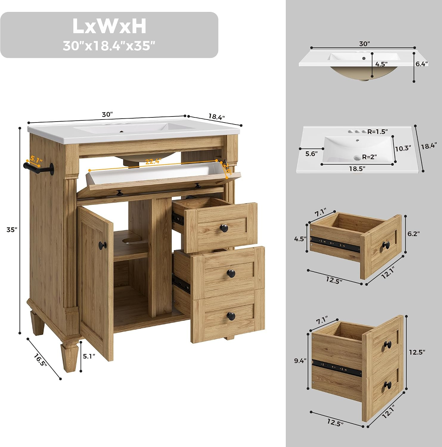 30 Inch Bathroom Vanity with Sink, Towel Holder & Adjustable Solid Wood Legs for