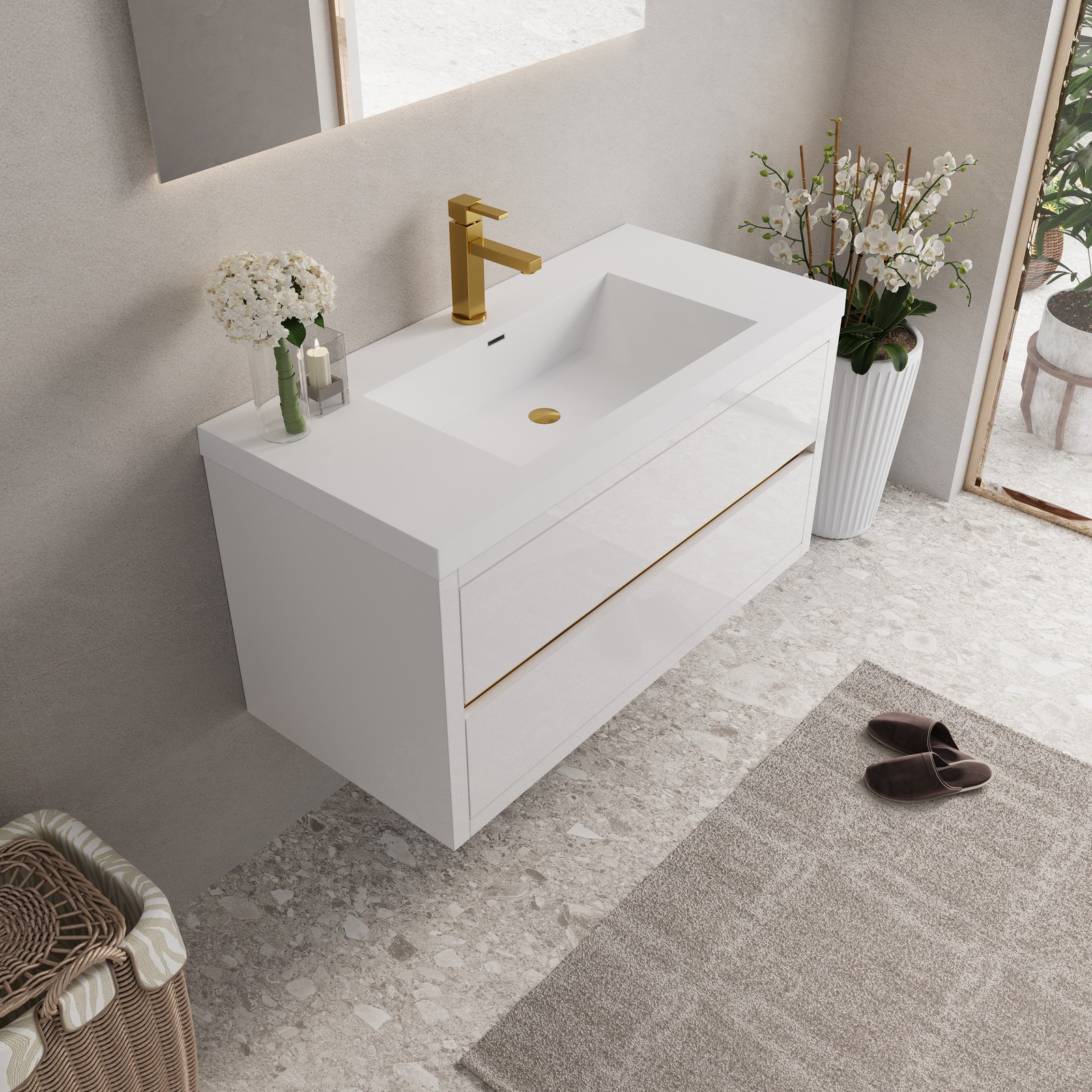 42in Floating Wall-Mounted Bathroom Vanity W/ Stone Resin Countertop Basin White