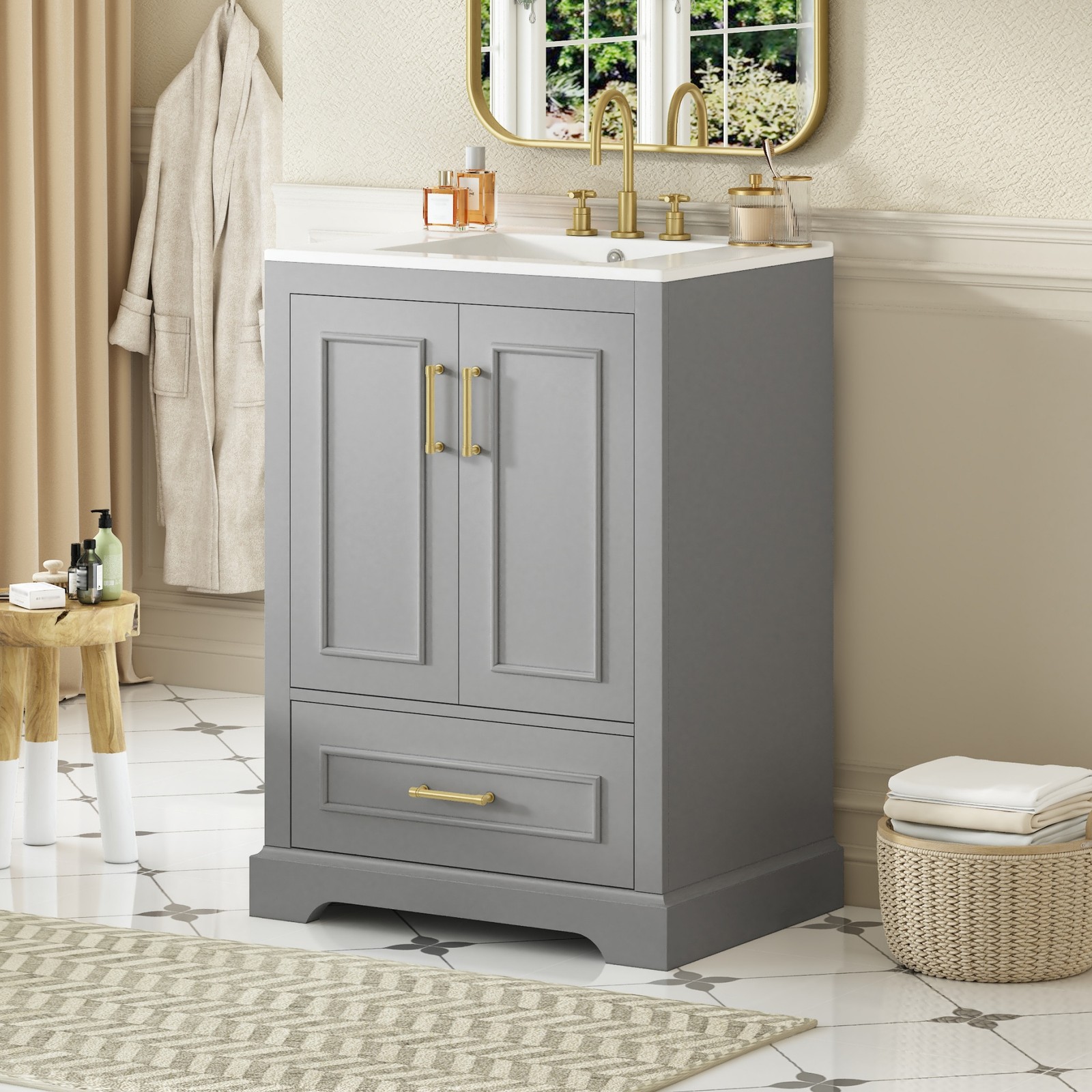 Modern 24″ Bathroom Vanity with Sink, MDF Cabinet & Solid Wood Frame Gray