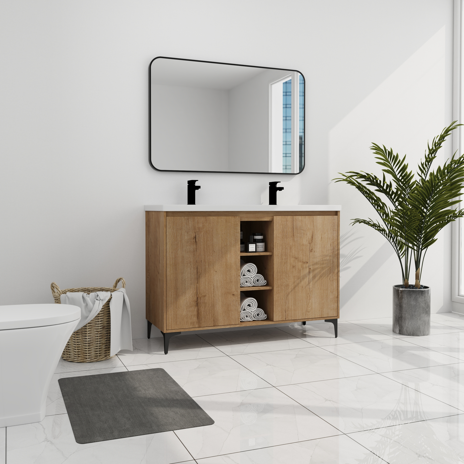 48inch Plywood Free Standing Bathroom Vanity With Double Sink W/ Shelf and Doors