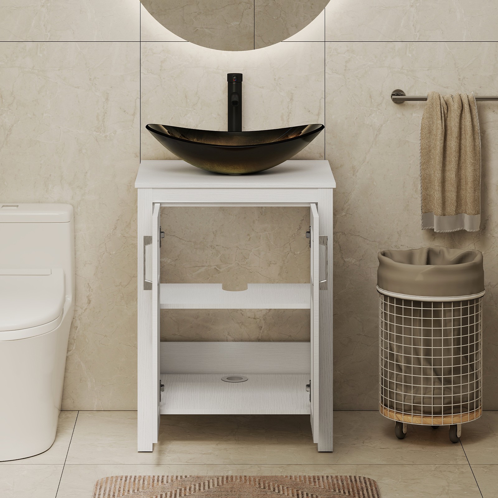 24″ Freestanding Bathroom Vanity White Cabinet Vessel Sink Faucet Pop Up Drain