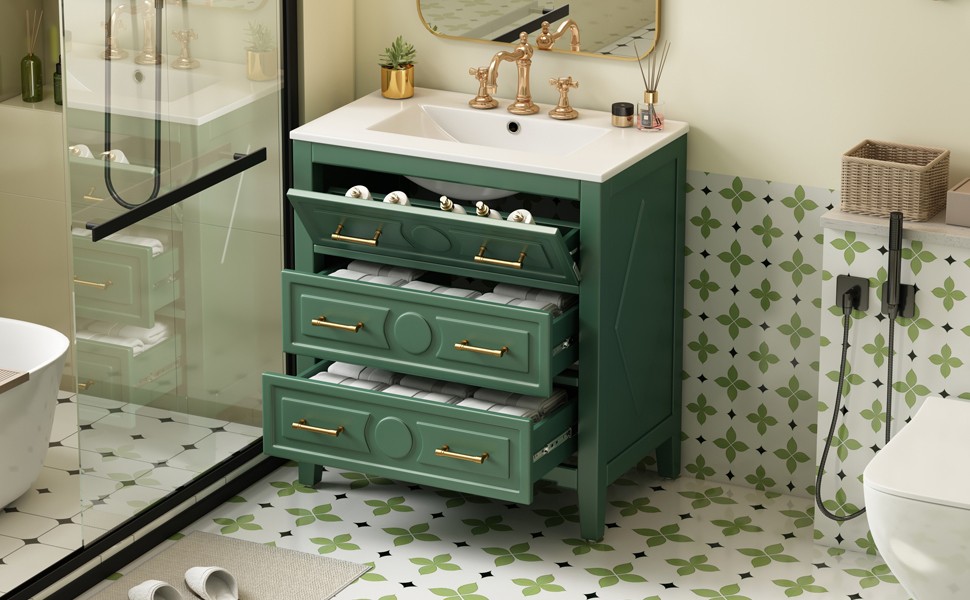 30″ Green Bathroom Vanity with Ceramic Sink, 3 Drawers, Solid Wood