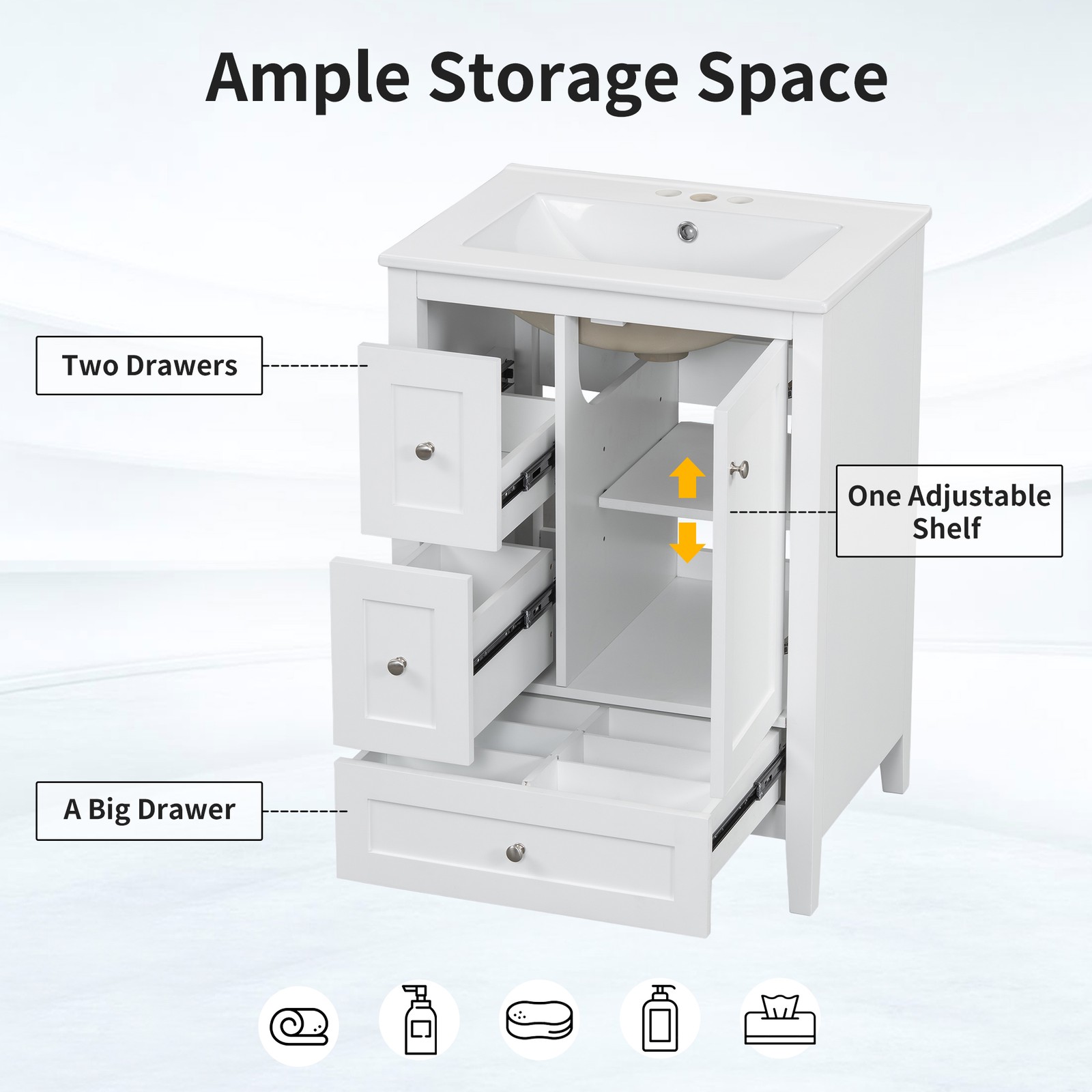 24″ Bathroom Vanity w/Storage, Adjustable Shelf Modern Bathroom Storage Cabinet