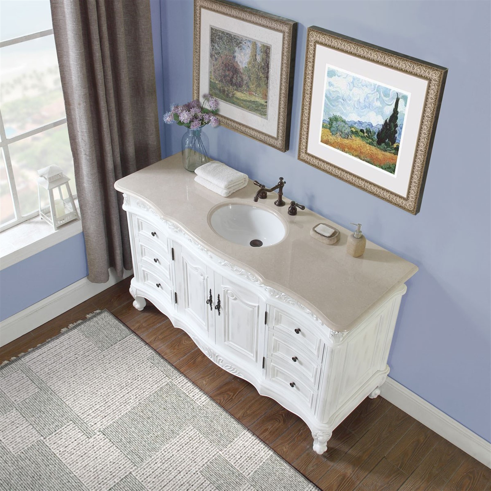 60″ Marble Counter Single Sink Bathroom Vanity White Oak Finish Cabinet 273CM