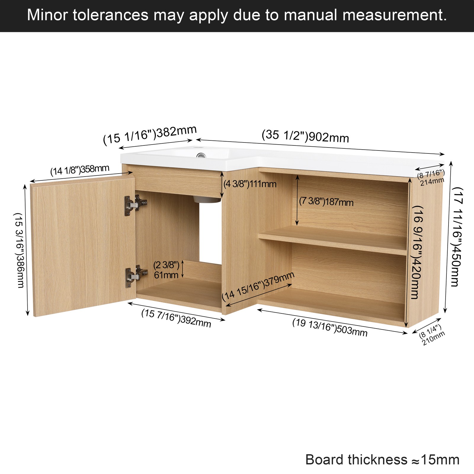 36″ Corner Floating Bathroom Vanity with Integrated Sink, Light Oak