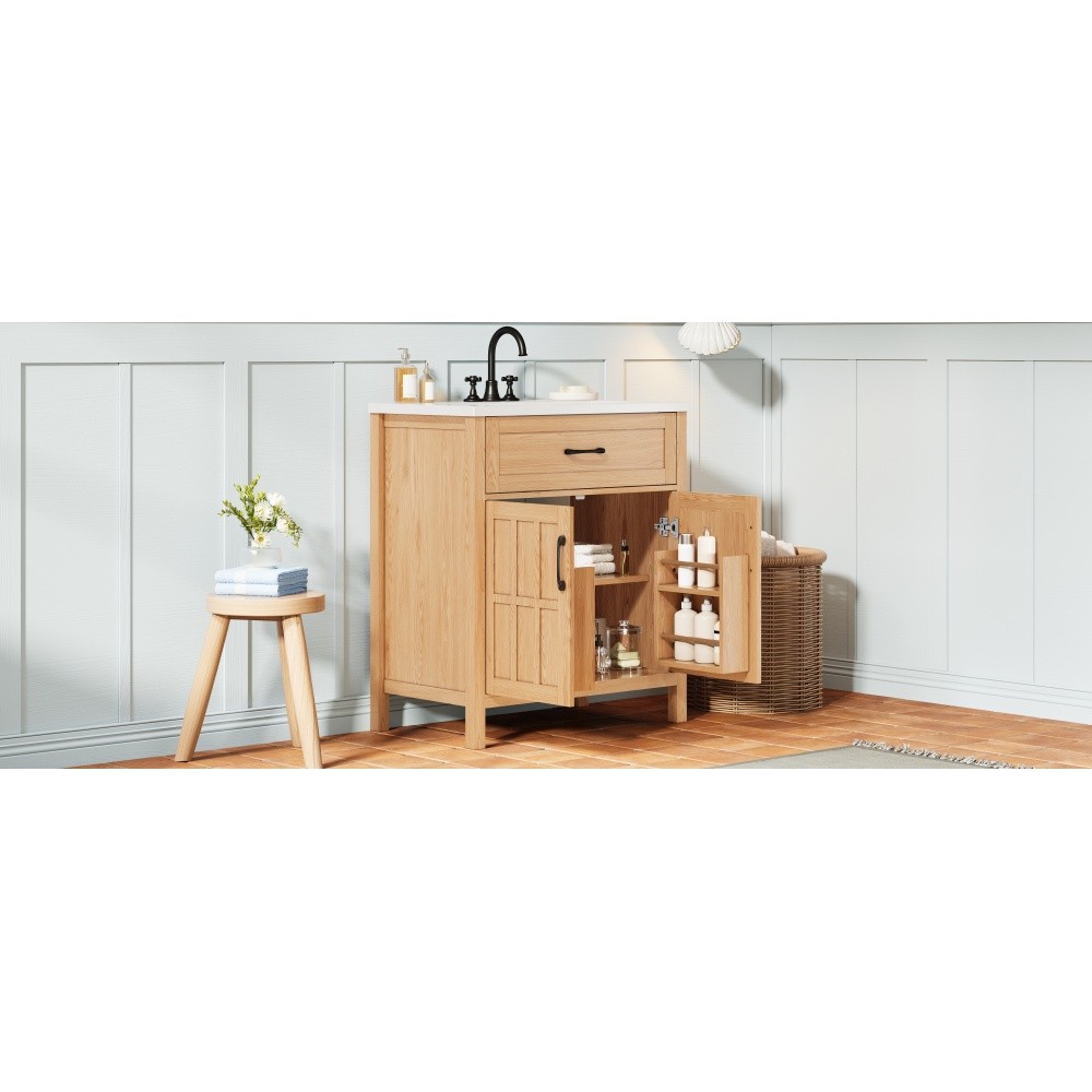 30″ Bathroom Vanity Resin Sink, Solid Wood, Adjustable Shelf & Door Organizers