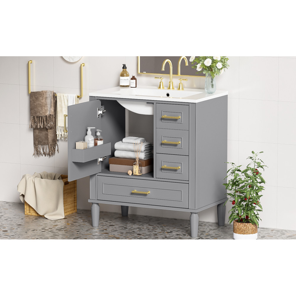 30″ Wood Bathroom Vanity Ceramic Sink Soft Close Door 3 Drawers Storage Cabinet