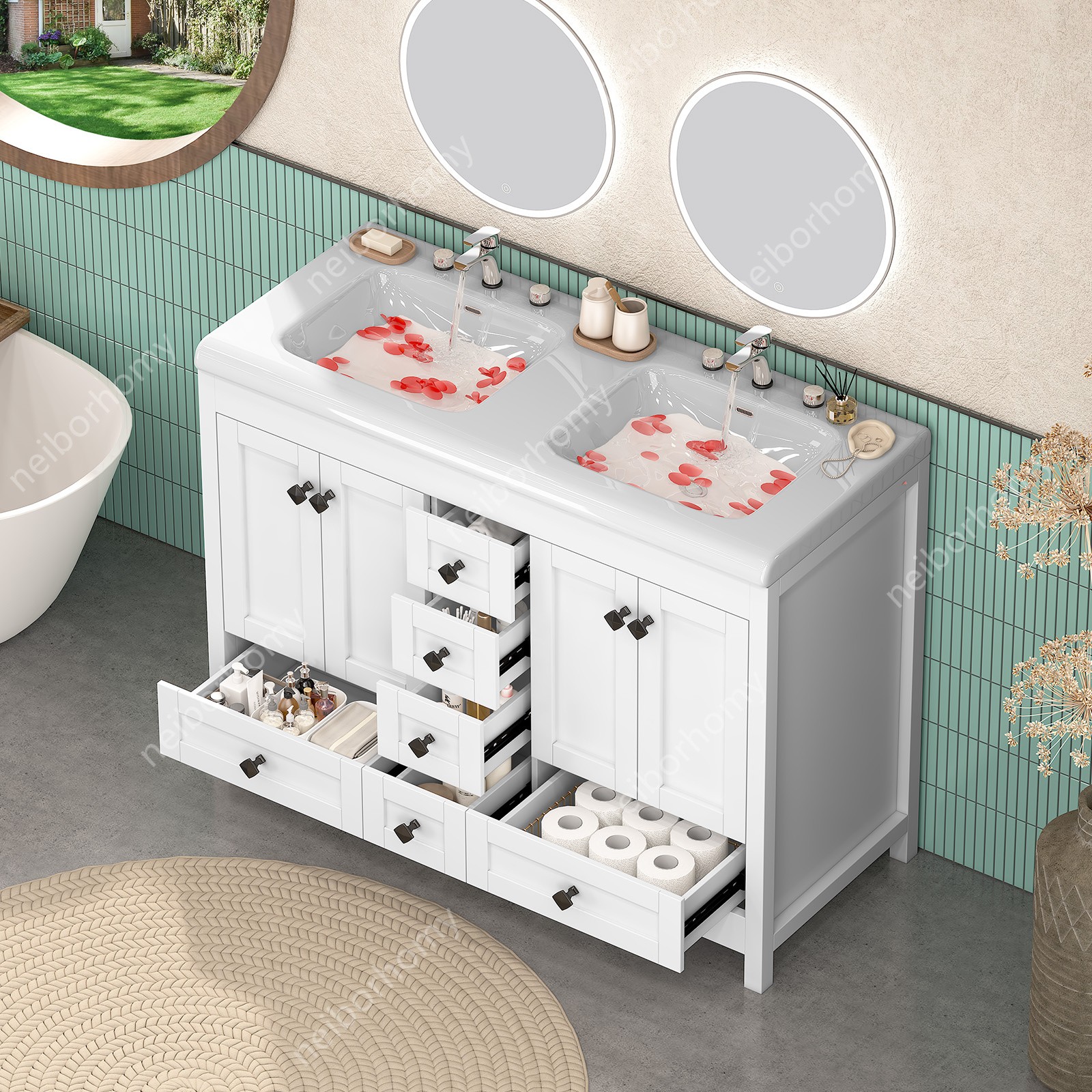 47″ White Classic Bathroom Vanity Double Ceramic Sinks Freestanding w/ 5 Drawers