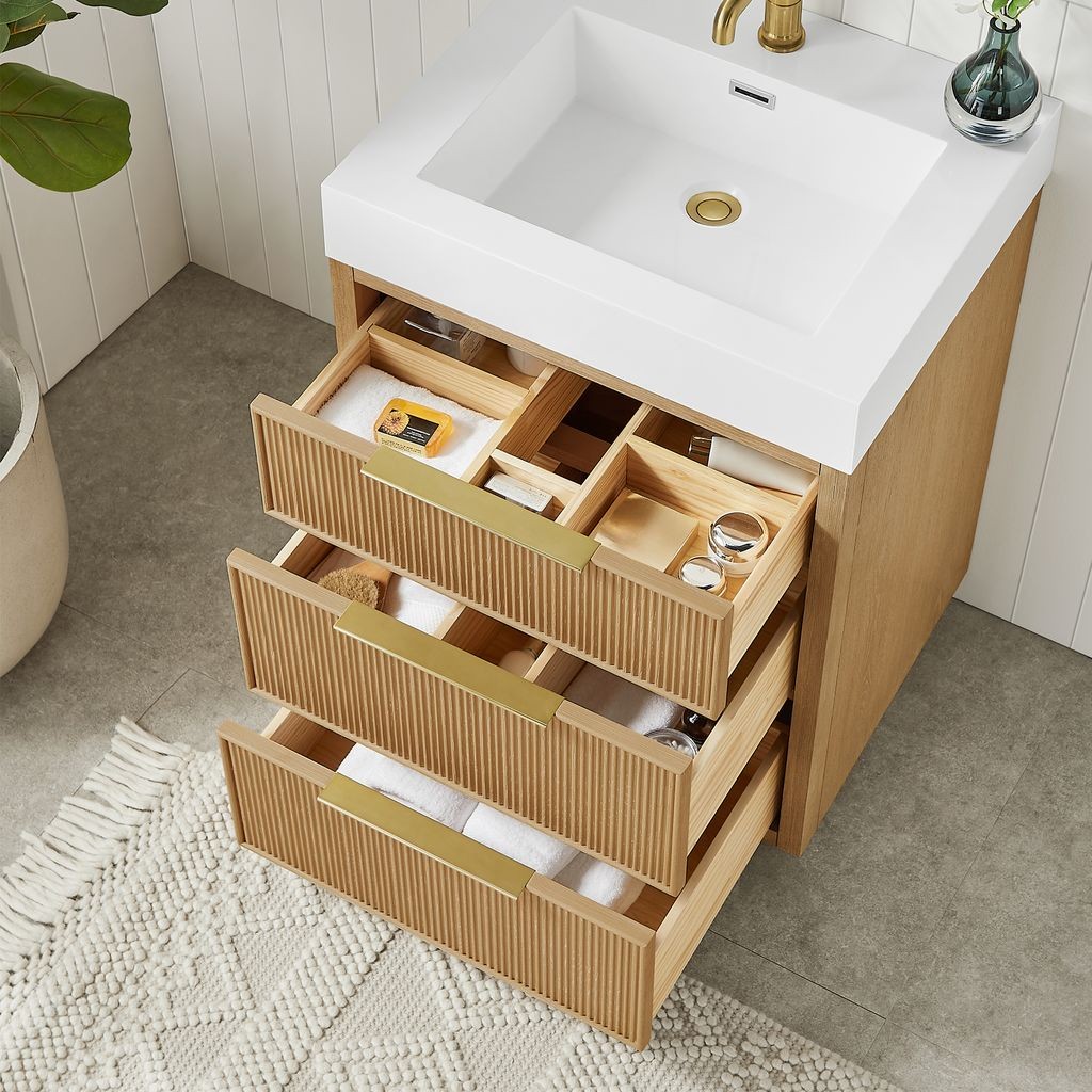 Hohhot 24″ Single Bath Vanity in Washed Ash Grey with White Stone Top
