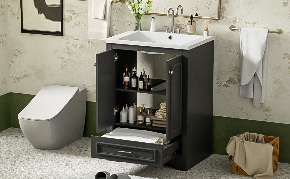 24″ Bathroom Vanity With Ceramic Sink Storage Cabinet Drawer Soft-Closing Doors