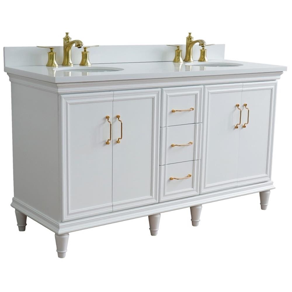61 in. Double Wooden Vanity White White Quartz Oval Sink