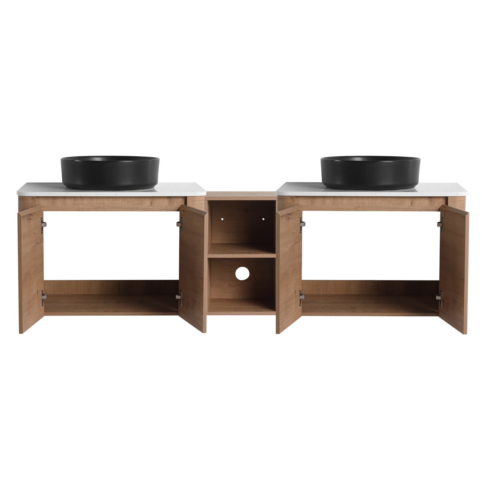 72″ Plywood Wall-Mounted Bathroom Vanity W/ Double Ceramic Black Sink + Shelves