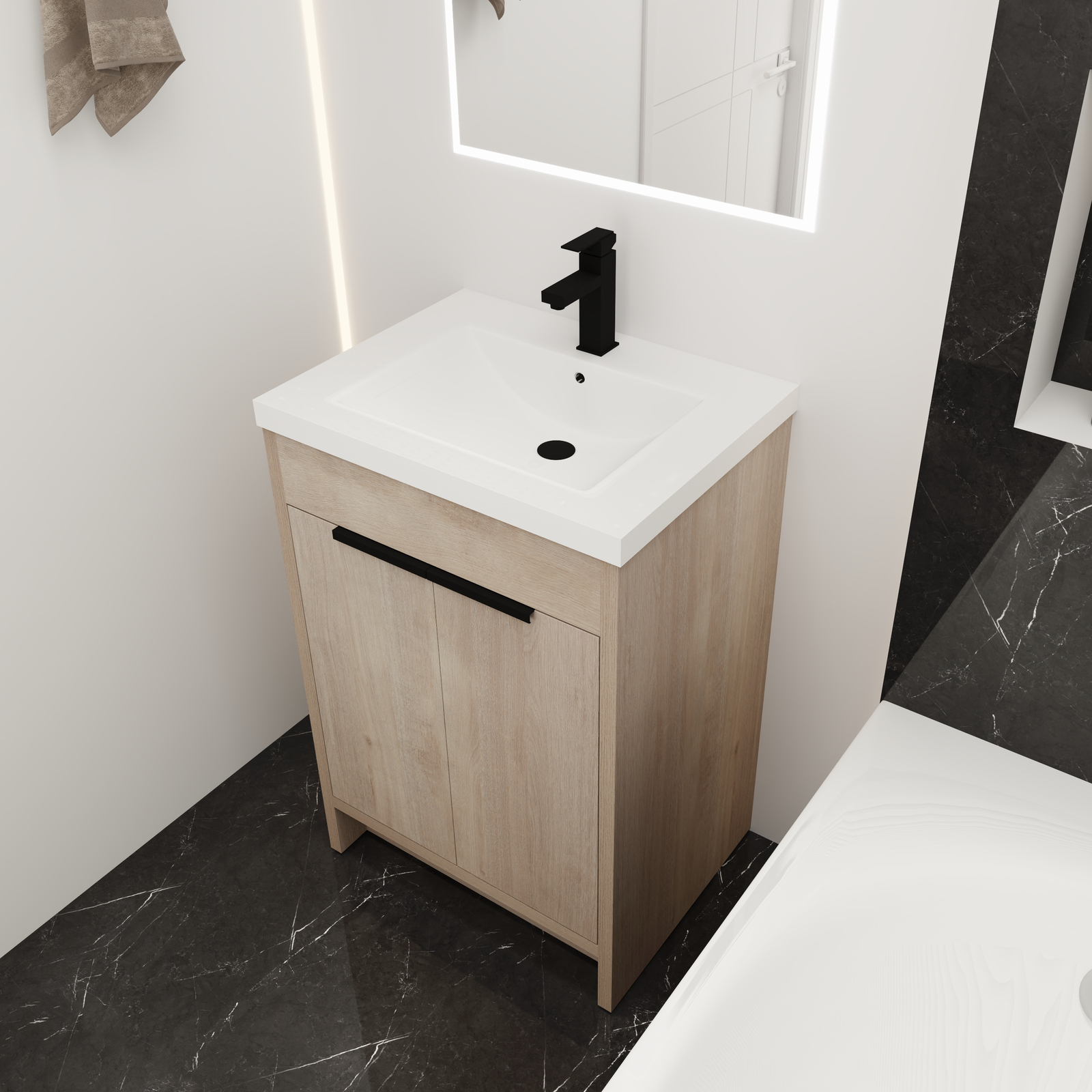 24″Free Standing Bathroom Vanity Cabinet W/Sink for Small Space Wooden Light Oak