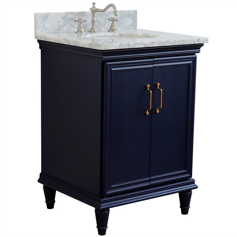 25 in. Single Wooden Vanity Blue with White Carrara Oval Sink