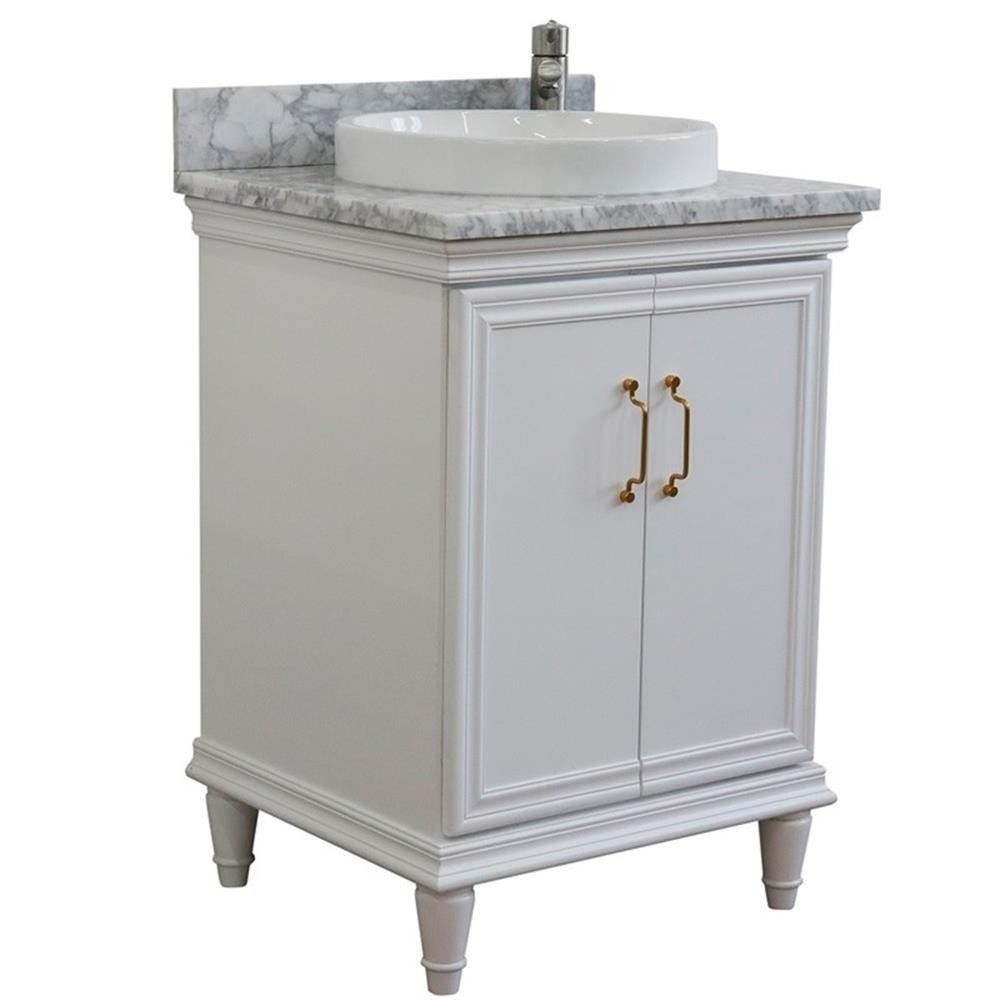 25 in. Single Wooden Vanity White with White Carrara Round Sink
