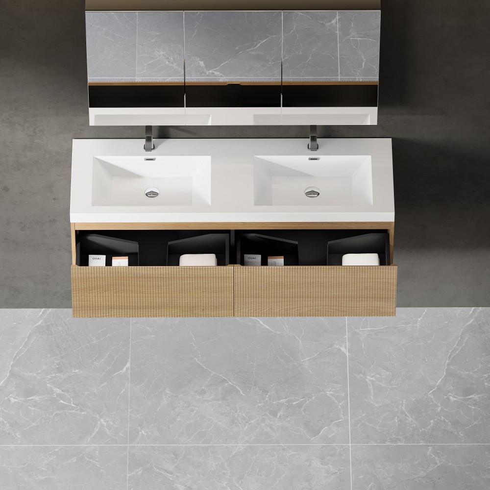 60 Floating Vanity with Sink, Soft Close Drawers, Oak Finish, Assembled